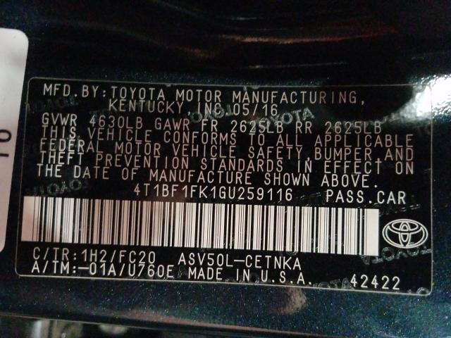 Photo 9 VIN: 4T1BF1FK1GU259116 - TOYOTA CAMRY LE 