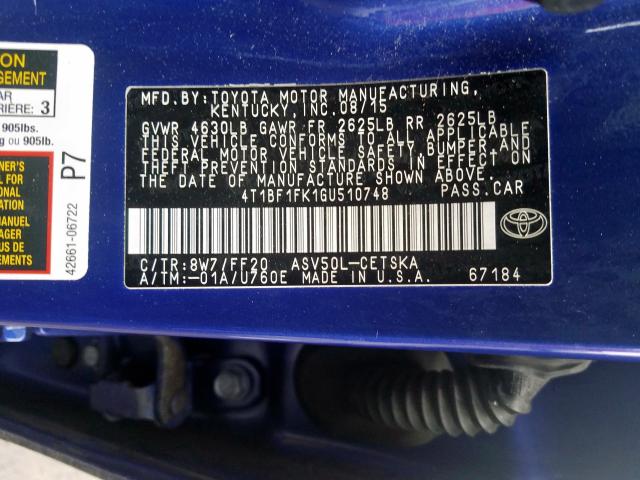 Photo 9 VIN: 4T1BF1FK1GU510748 - TOYOTA CAMRY LE 