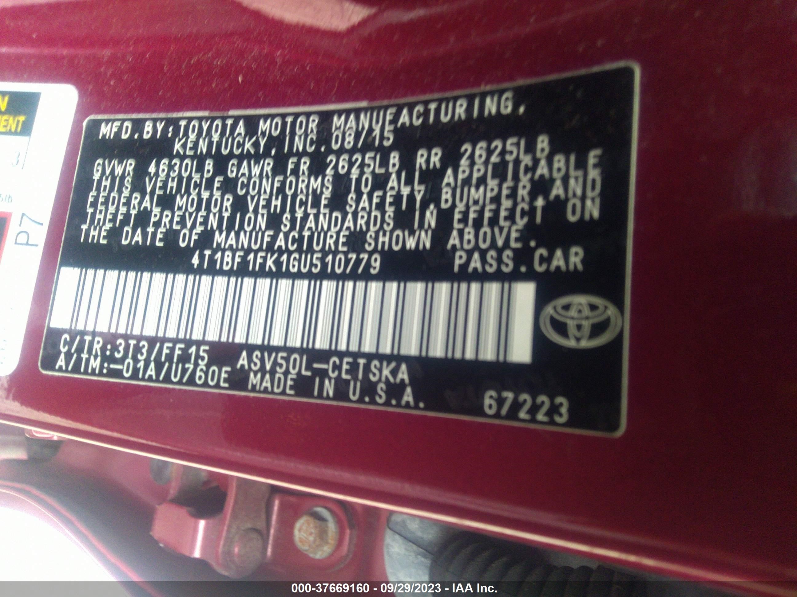 Photo 8 VIN: 4T1BF1FK1GU510779 - TOYOTA CAMRY 