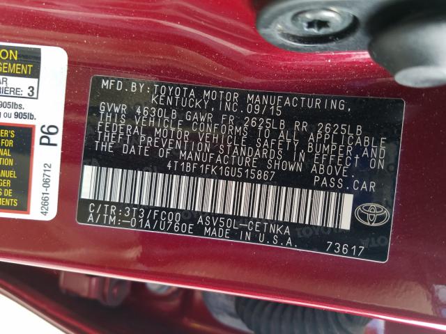 Photo 9 VIN: 4T1BF1FK1GU515867 - TOYOTA CAMRY LE 