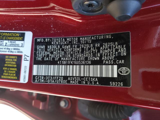 Photo 9 VIN: 4T1BF1FK1GU536136 - TOYOTA CAMRY LE 