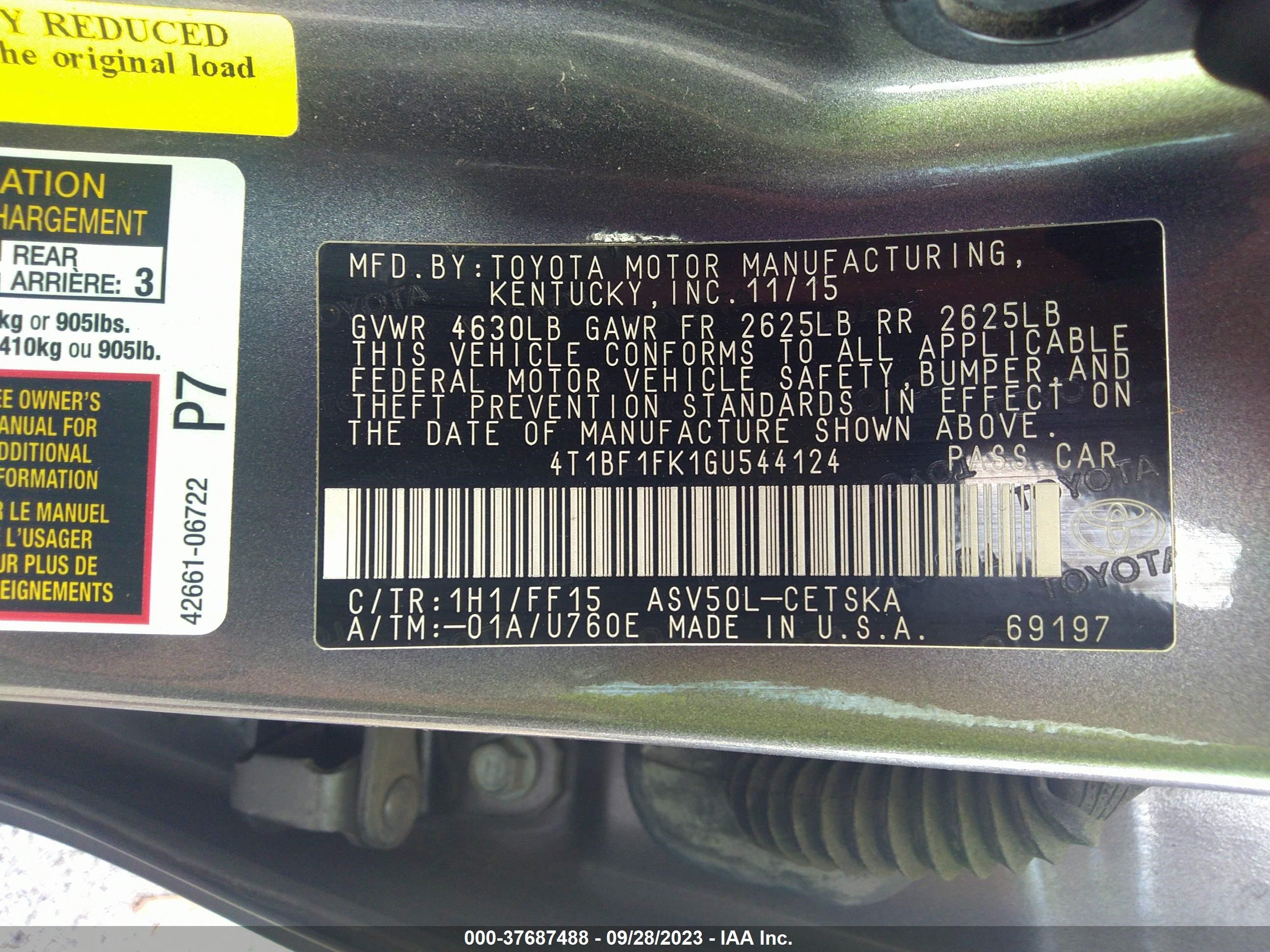 Photo 8 VIN: 4T1BF1FK1GU544124 - TOYOTA CAMRY LE 