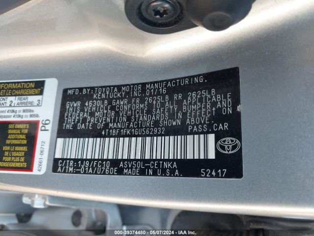 Photo 8 VIN: 4T1BF1FK1GU562932 - TOYOTA CAMRY 