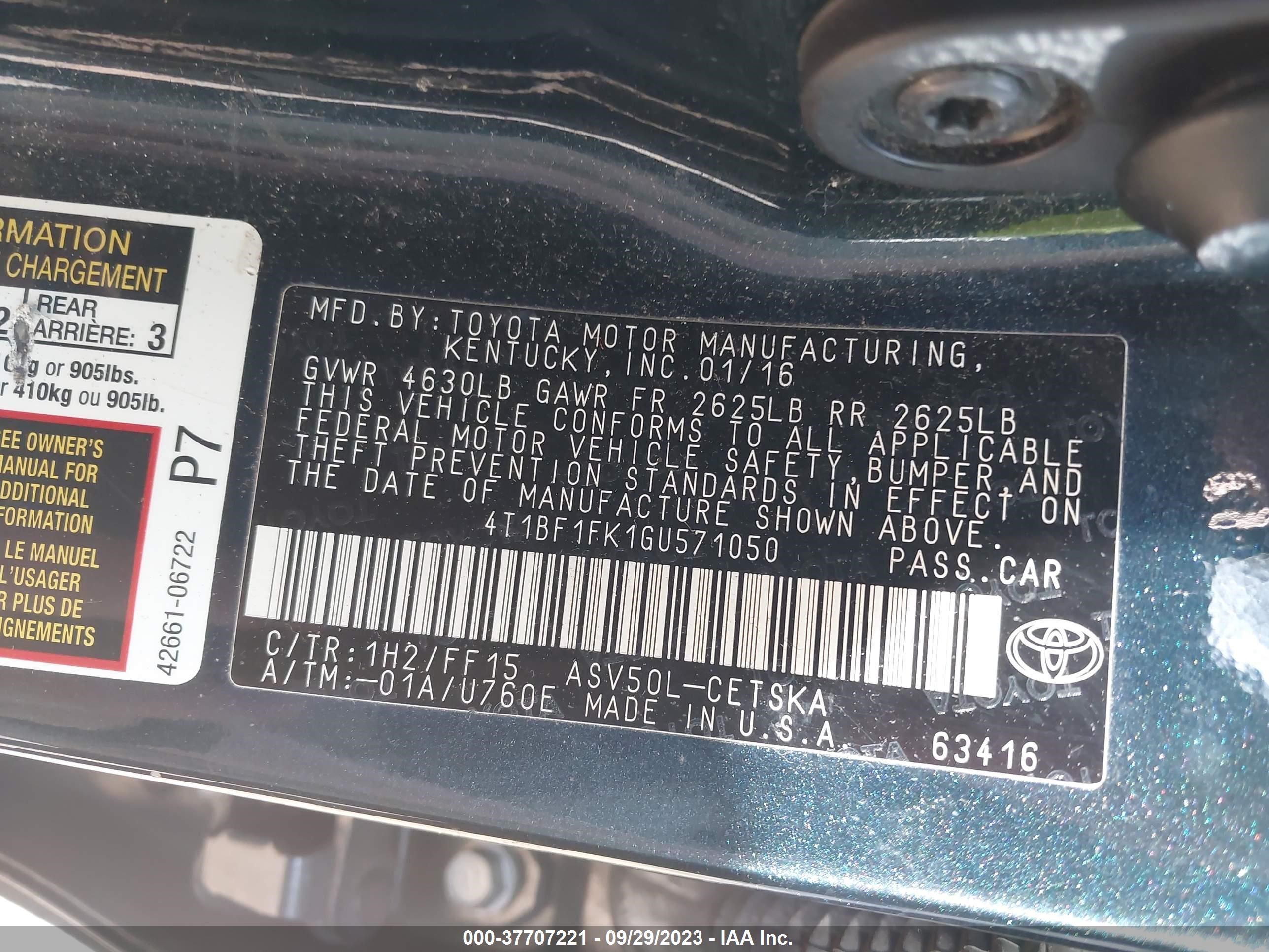 Photo 8 VIN: 4T1BF1FK1GU571050 - TOYOTA CAMRY 