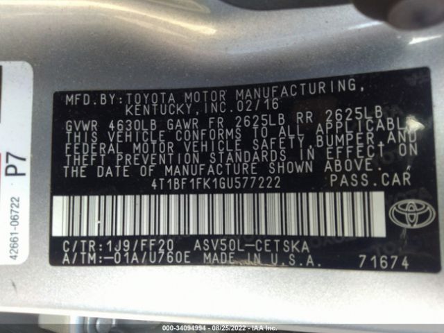 Photo 8 VIN: 4T1BF1FK1GU577222 - TOYOTA CAMRY 