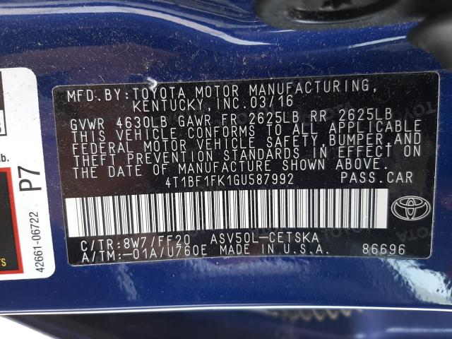 Photo 9 VIN: 4T1BF1FK1GU587992 - TOYOTA CAMRY LE 