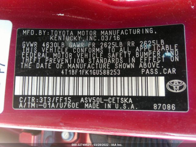 Photo 8 VIN: 4T1BF1FK1GU588253 - TOYOTA CAMRY 