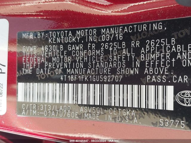 Photo 8 VIN: 4T1BF1FK1GU592707 - TOYOTA CAMRY 