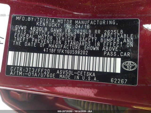 Photo 8 VIN: 4T1BF1FK1GU598202 - TOYOTA CAMRY 