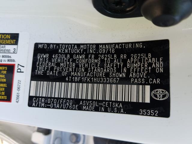 Photo 9 VIN: 4T1BF1FK1HU333667 - TOYOTA CAMRY LE 