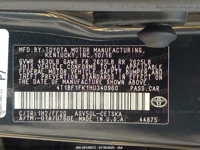 Photo 8 VIN: 4T1BF1FK1HU340960 - TOYOTA CAMRY 