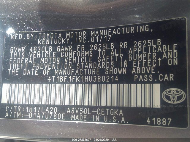 Photo 8 VIN: 4T1BF1FK1HU380214 - TOYOTA CAMRY 