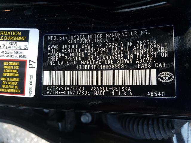 Photo 9 VIN: 4T1BF1FK1HU385591 - TOYOTA CAMRY 