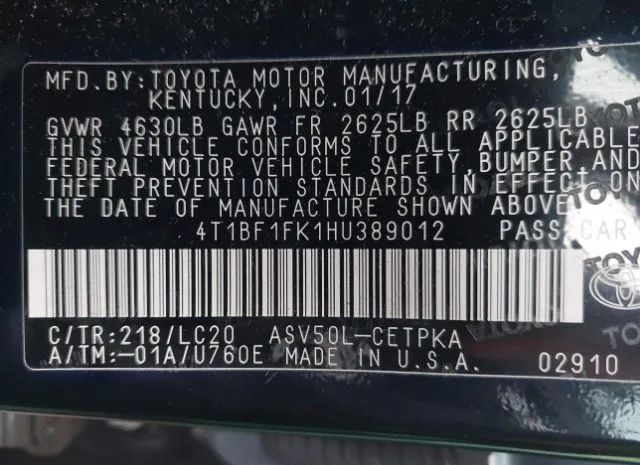 Photo 8 VIN: 4T1BF1FK1HU389012 - TOYOTA CAMRY 