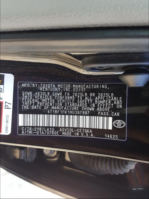 Photo 9 VIN: 4T1BF1FK1HU397997 - TOYOTA CAMRY LE 