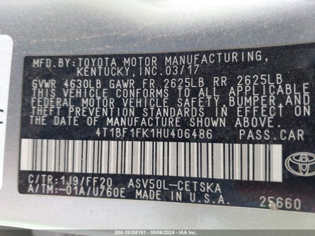 Photo 8 VIN: 4T1BF1FK1HU406486 - TOYOTA CAMRY 