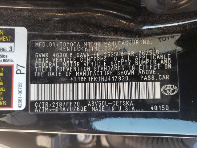 Photo 9 VIN: 4T1BF1FK1HU417830 - TOYOTA CAMRY LE 