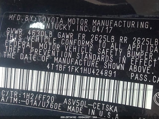 Photo 8 VIN: 4T1BF1FK1HU424891 - TOYOTA CAMRY 