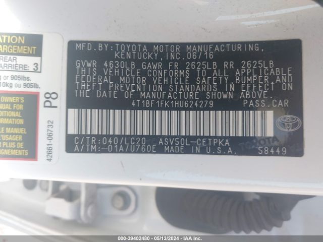 Photo 8 VIN: 4T1BF1FK1HU624279 - TOYOTA CAMRY 