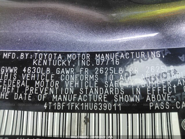 Photo 8 VIN: 4T1BF1FK1HU639011 - TOYOTA CAMRY 