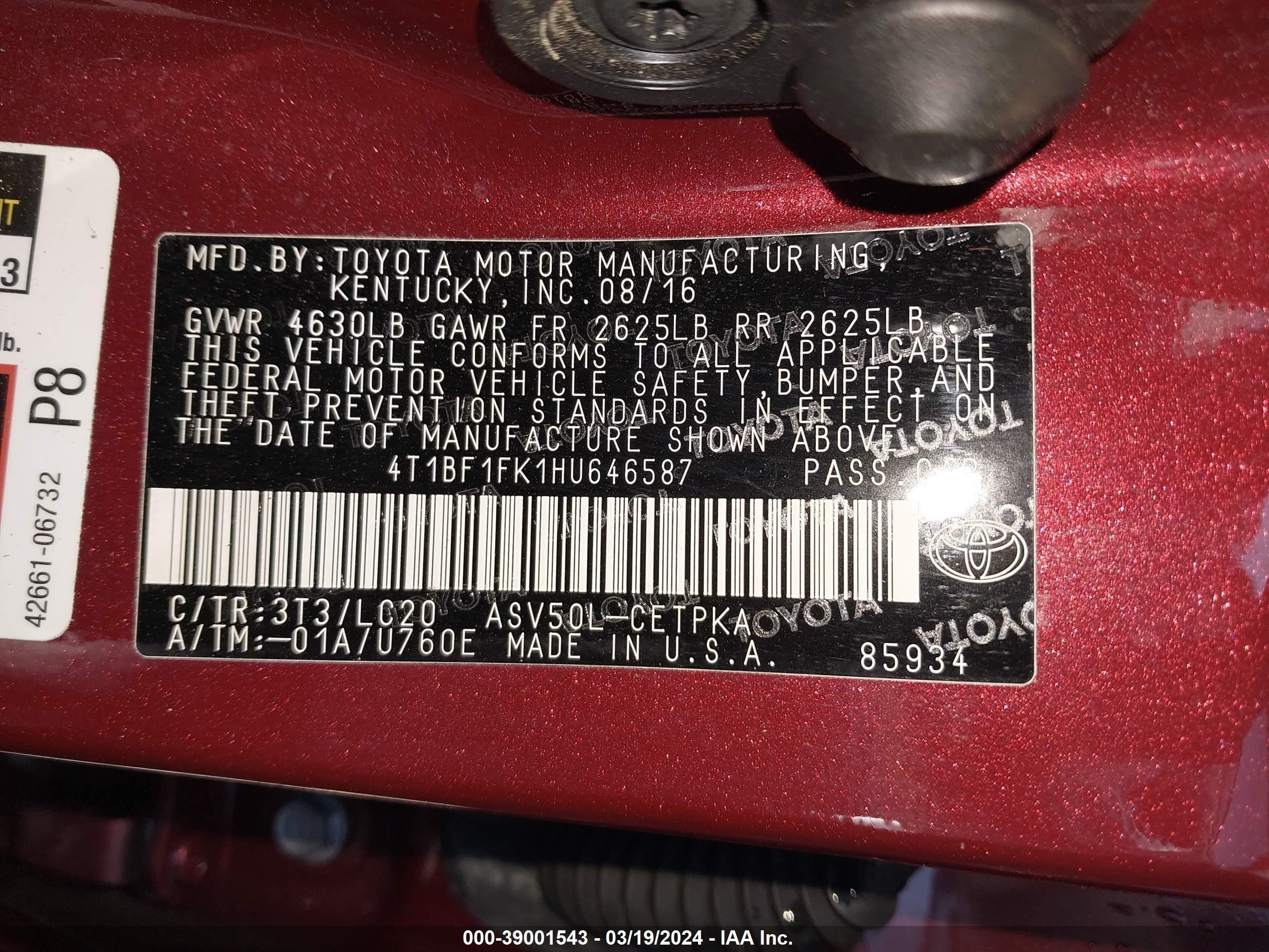 Photo 8 VIN: 4T1BF1FK1HU646587 - TOYOTA CAMRY 