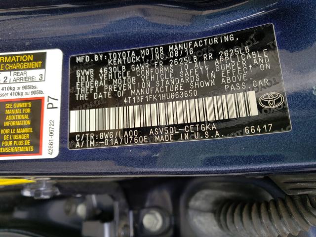 Photo 9 VIN: 4T1BF1FK1HU663650 - TOYOTA CAMRY XLE 