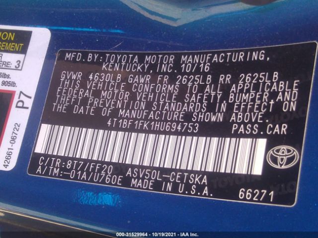 Photo 8 VIN: 4T1BF1FK1HU694753 - TOYOTA CAMRY 