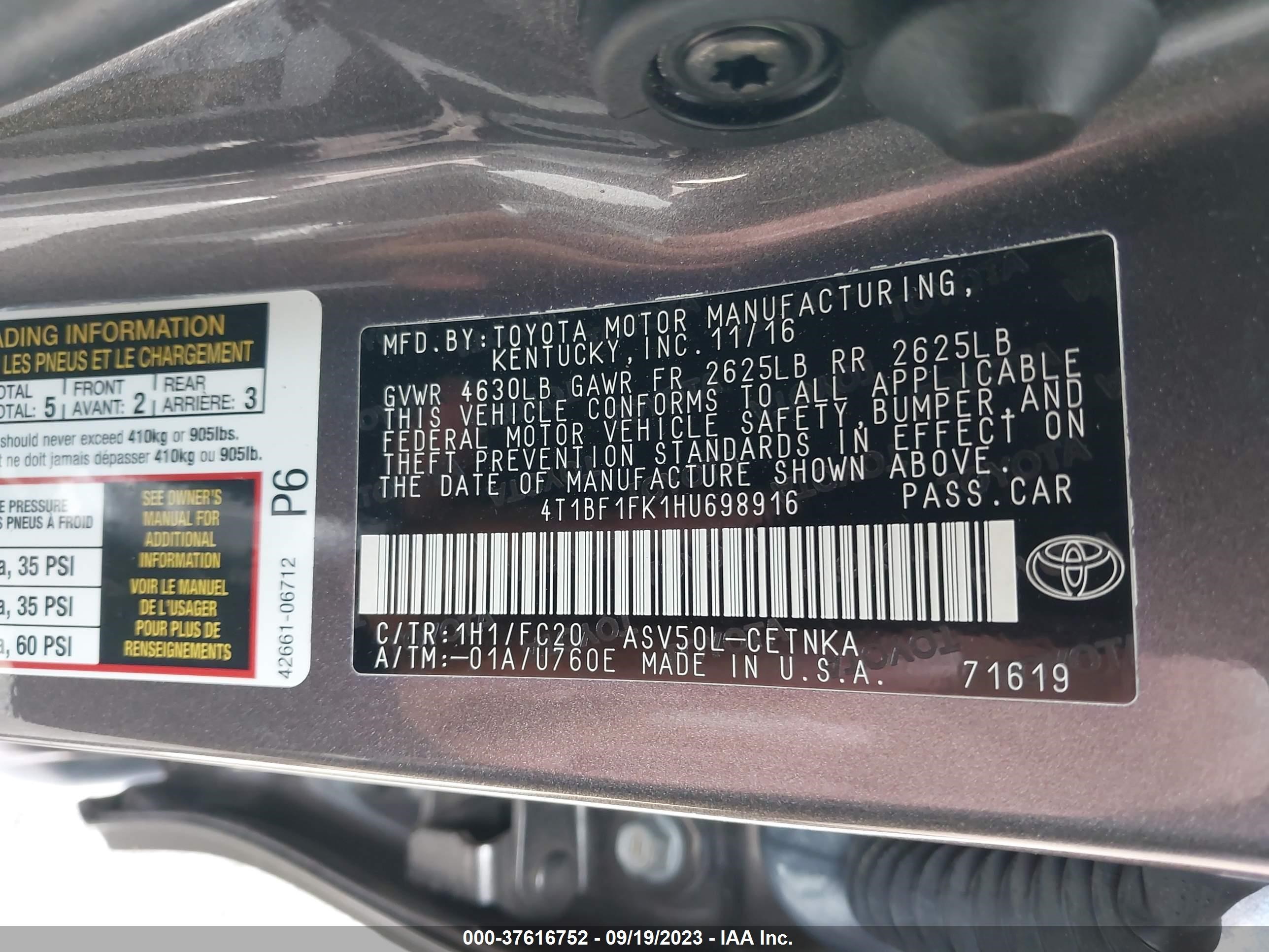 Photo 8 VIN: 4T1BF1FK1HU698916 - TOYOTA CAMRY 