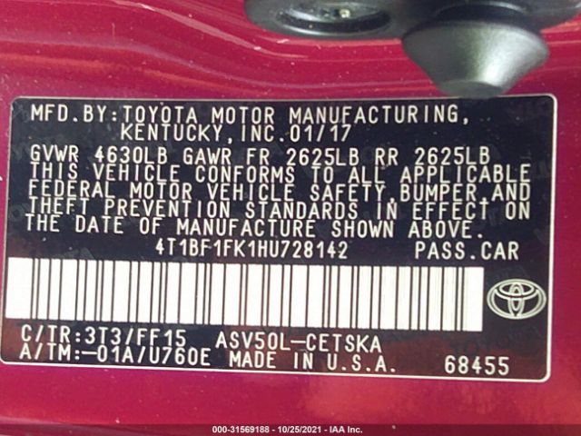 Photo 8 VIN: 4T1BF1FK1HU728142 - TOYOTA CAMRY 