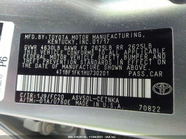 Photo 8 VIN: 4T1BF1FK1HU730201 - TOYOTA CAMRY 