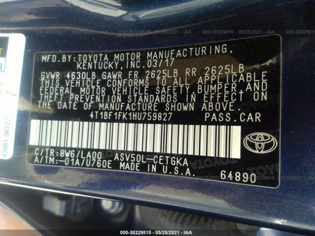 Photo 8 VIN: 4T1BF1FK1HU759827 - TOYOTA CAMRY 