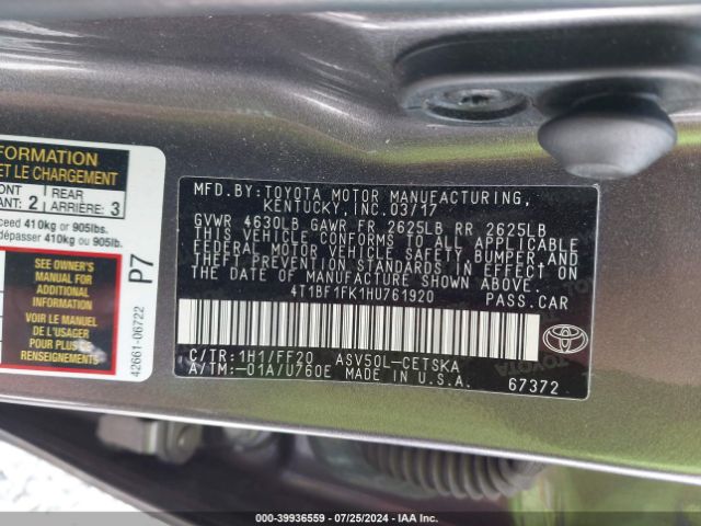 Photo 8 VIN: 4T1BF1FK1HU761920 - TOYOTA CAMRY 