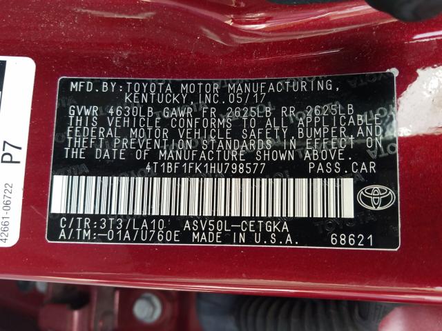 Photo 9 VIN: 4T1BF1FK1HU798577 - TOYOTA CAMRY LE 