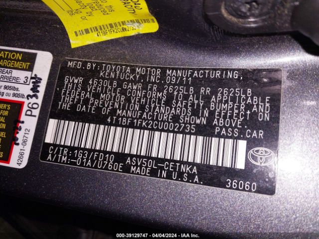 Photo 8 VIN: 4T1BF1FK2CU002735 - TOYOTA CAMRY 