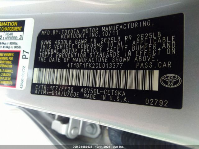 Photo 8 VIN: 4T1BF1FK2CU013377 - TOYOTA CAMRY 