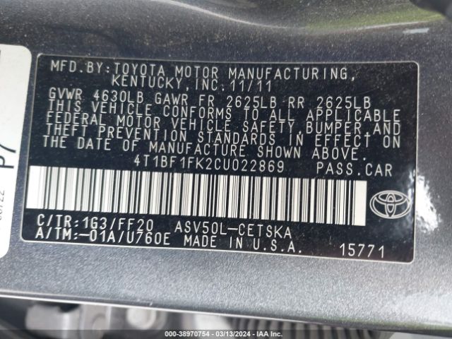 Photo 8 VIN: 4T1BF1FK2CU022869 - TOYOTA CAMRY 