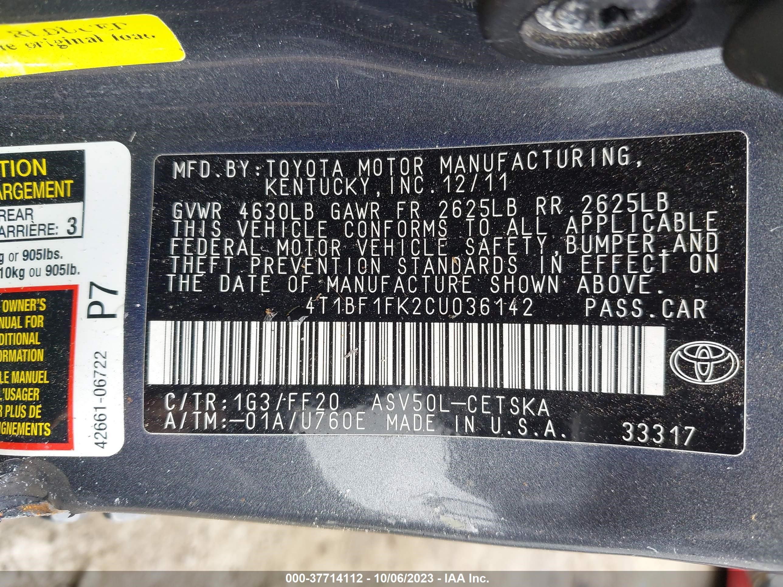 Photo 8 VIN: 4T1BF1FK2CU036142 - TOYOTA CAMRY 