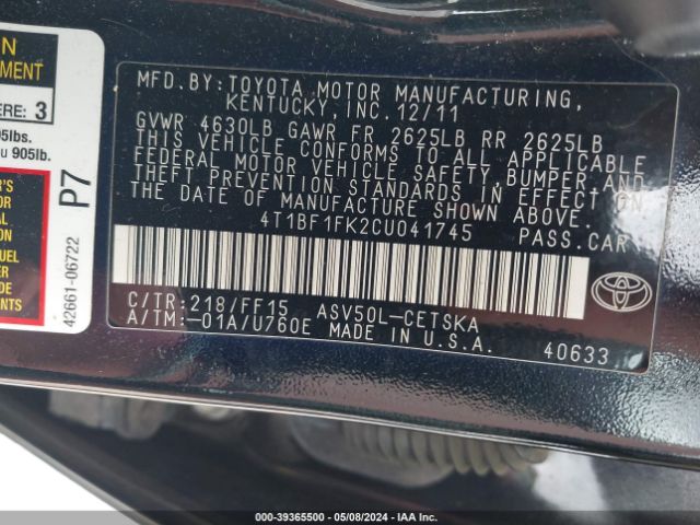 Photo 8 VIN: 4T1BF1FK2CU041745 - TOYOTA CAMRY 