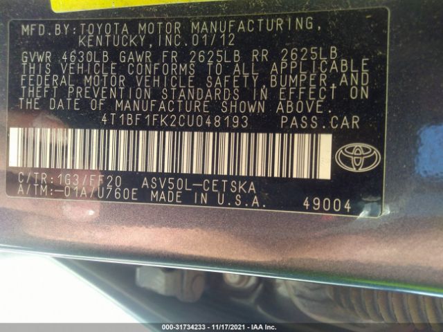 Photo 8 VIN: 4T1BF1FK2CU048193 - TOYOTA CAMRY 