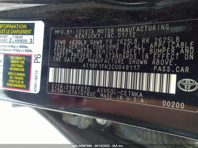 Photo 8 VIN: 4T1BF1FK2CU049117 - TOYOTA CAMRY 