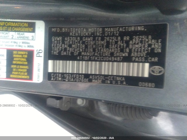 Photo 8 VIN: 4T1BF1FK2CU049487 - TOYOTA CAMRY 