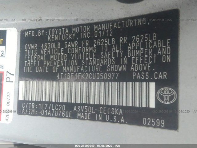 Photo 8 VIN: 4T1BF1FK2CU050977 - TOYOTA CAMRY 