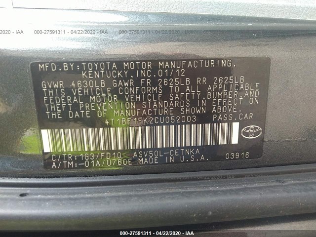 Photo 8 VIN: 4T1BF1FK2CU052003 - TOYOTA CAMRY 