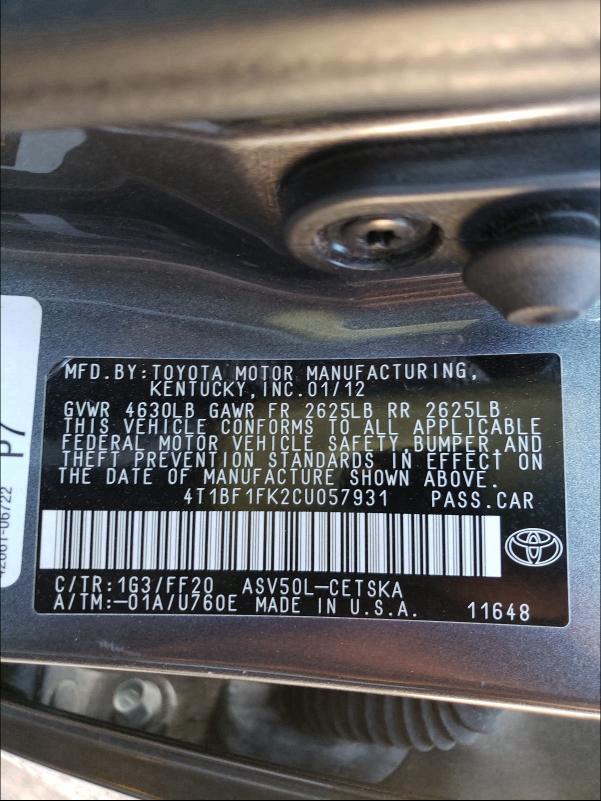 Photo 9 VIN: 4T1BF1FK2CU057931 - TOYOTA CAMRY BASE 