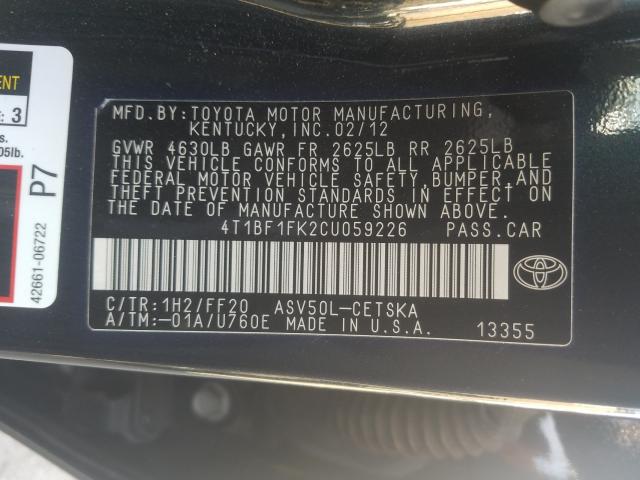 Photo 9 VIN: 4T1BF1FK2CU059226 - TOYOTA CAMRY BASE 