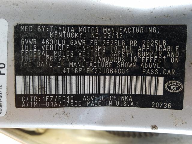 Photo 9 VIN: 4T1BF1FK2CU064801 - TOYOTA CAMRY BASE 