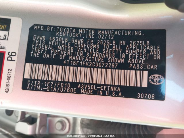 Photo 8 VIN: 4T1BF1FK2CU072297 - TOYOTA CAMRY 