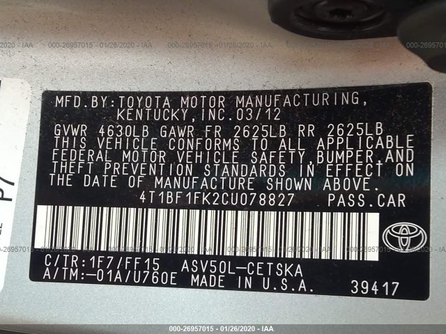 Photo 8 VIN: 4T1BF1FK2CU078827 - TOYOTA CAMRY 