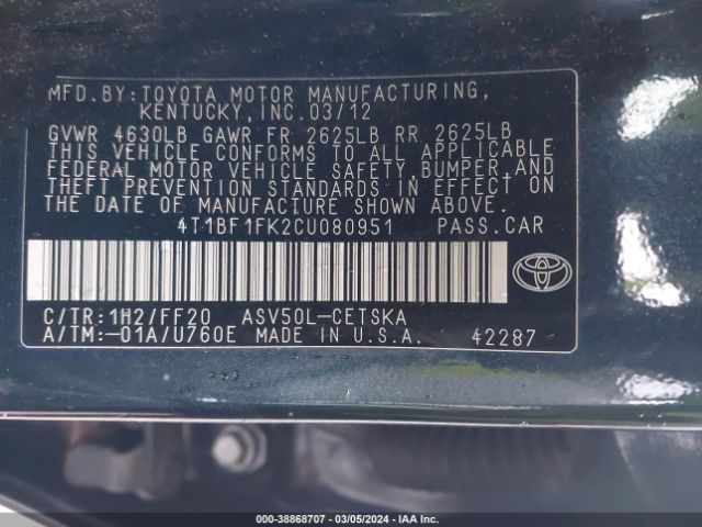 Photo 8 VIN: 4T1BF1FK2CU080951 - TOYOTA CAMRY 