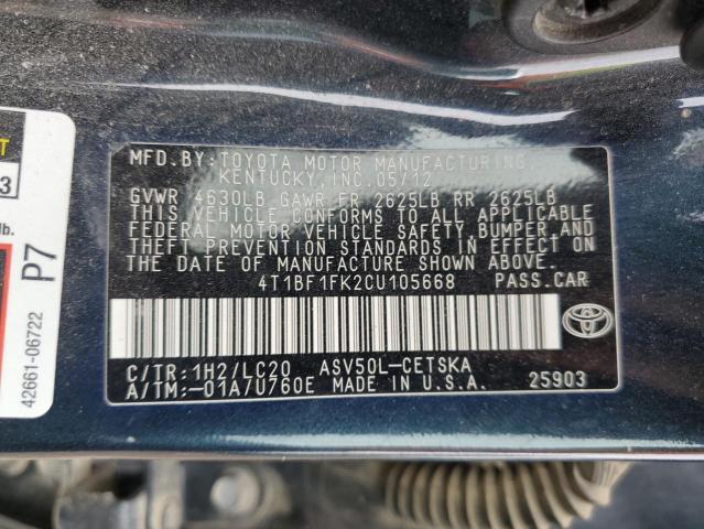 Photo 12 VIN: 4T1BF1FK2CU105668 - TOYOTA CAMRY 